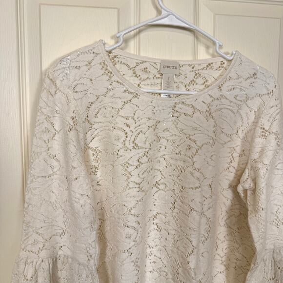 Chico’s Lace Bell Sleeve Top Ivory Sheer Knit Blouse Romantic Boho Size 1 (MED) - Picture 3 of 6